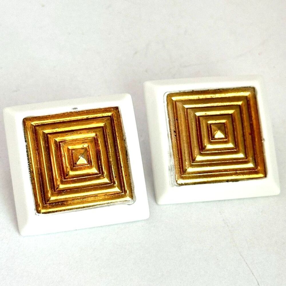 Pyramid Vintage Clip on Earrings Gold Tone and White Plastic Oversized